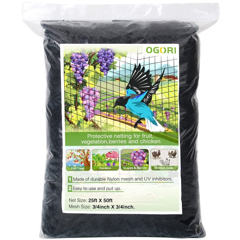 OGORI 25' x 50' Bird Netting Heavy Duty Nylon 3/4" Mesh Garden Netting Protect Fruit Trees, Plants and Vegetables - Image 1